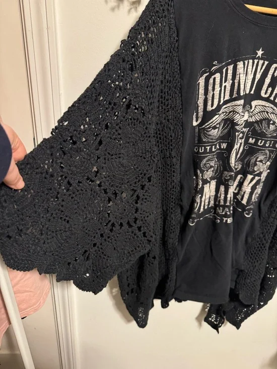 Upcycled Johnny Cash Black Graphic Tee with Crochet Cardigan Sleeves - Picture 2 of 4